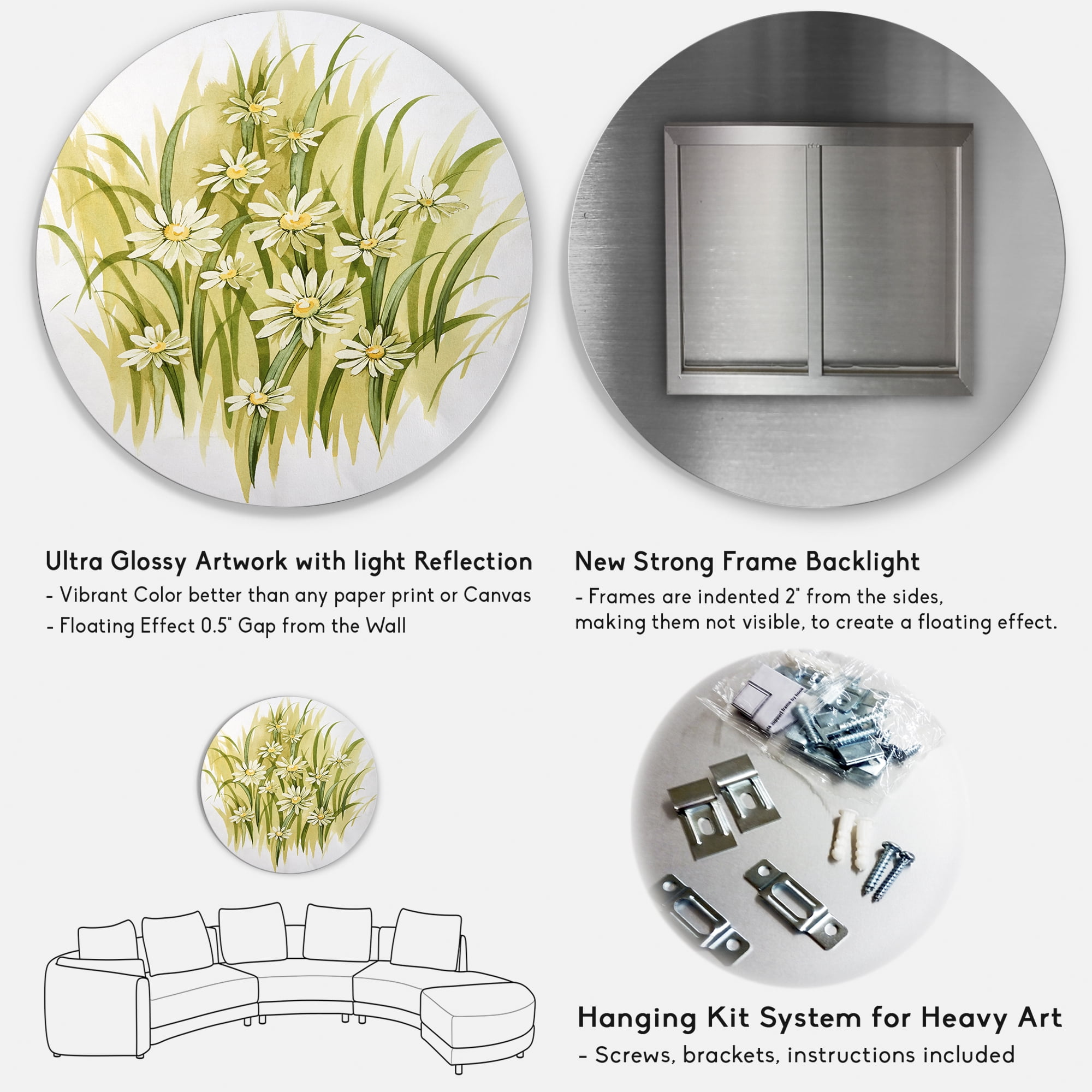 Designart 'Abstract White Meadow Flowers' Traditional Circle Metal Wall Art 29x29 - Disc of 29