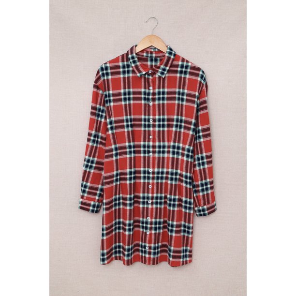 ABPHQTO Vestido camisero de mujer con botones y estampado de cuadros rojos de manga larga