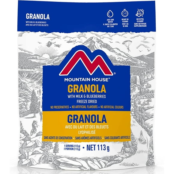 Mountain House Granola with Milk and Blueberries Pouch | Freeze Dried Backpacking & Camping Food | Survival & Emergency Food | Breakfast Meal | Easy to Prepare | Delicious and Nutritious | 6 Pouch