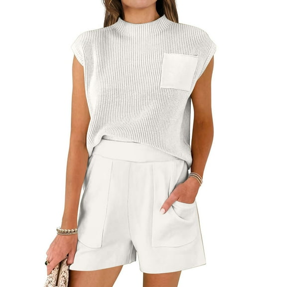 biudgviw 2 Piece Outfits for Women Comfy Cap Sleeve Mock Neck Knit Shirts Baggy Wide Leg Shorts with Pockets Fashion Sets