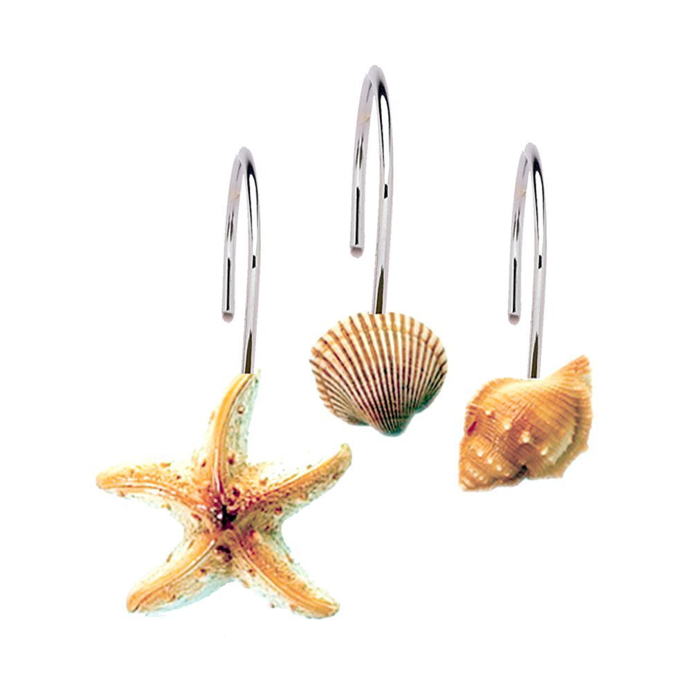 Brand New 12 sea shell/Fish stars shower curtain hooks in Box by creative bath 