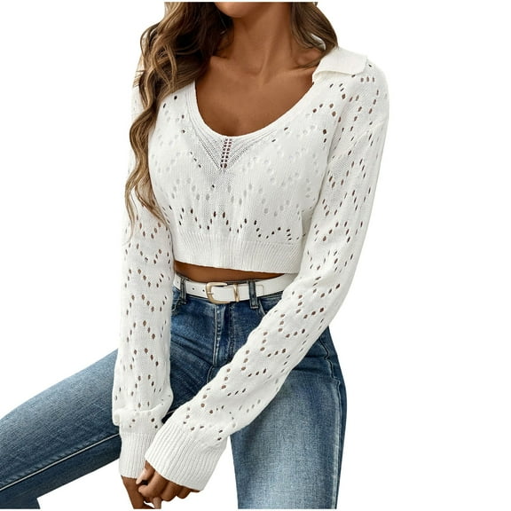 XuJwPNcy Women's Fall Crochet Sweater Long Sleeve Scoop Neck Cropped Sweaters Hollow out Knit Pullover