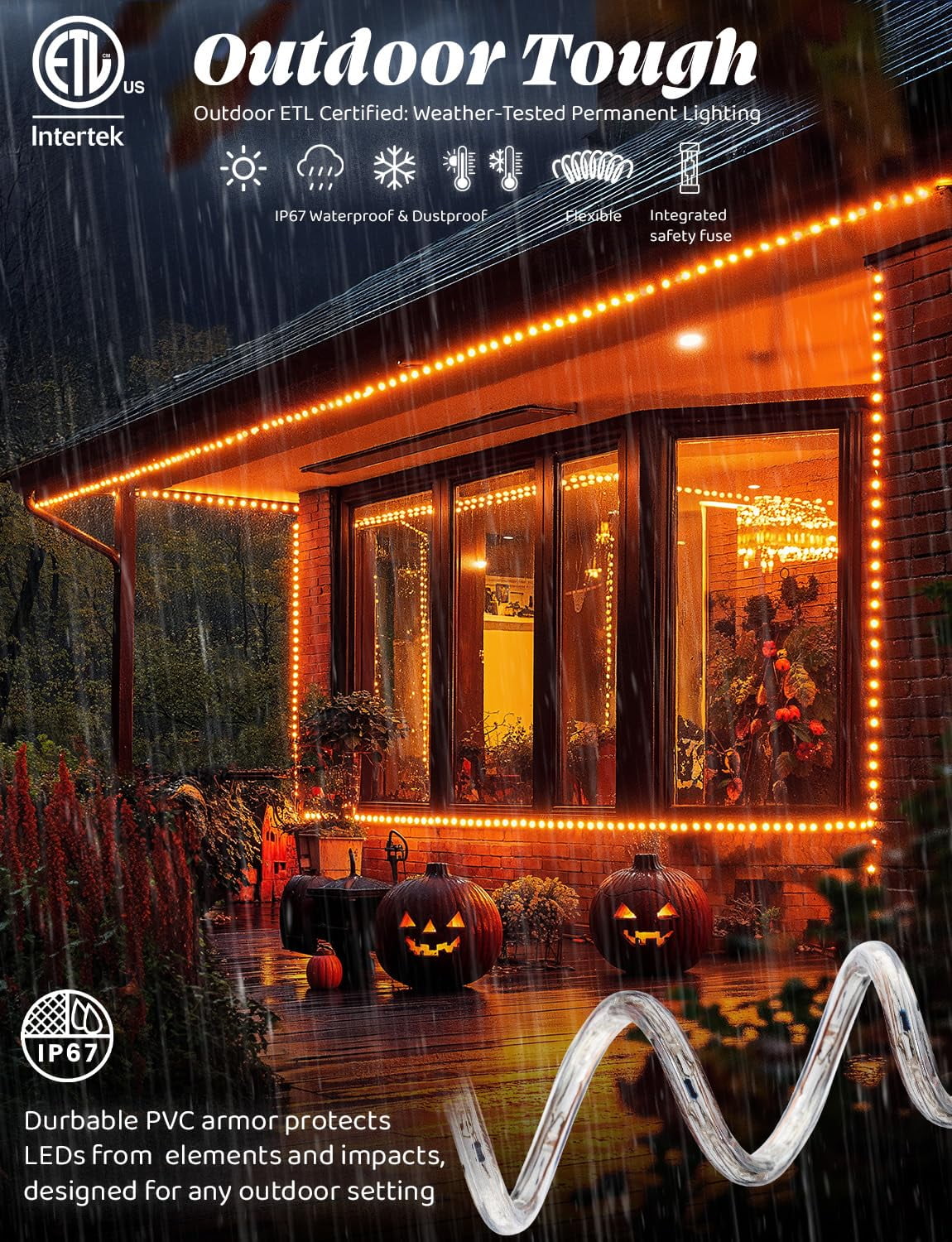 West Ivory 216LEDs, 20ft LED Outside Rope Lights, Waterproof Permanent Outdoor ETL Certified Connectable Clear Tube, Christmas Palm Tree Holiday Decorative Landscape Patio Accent Lighting - Orange