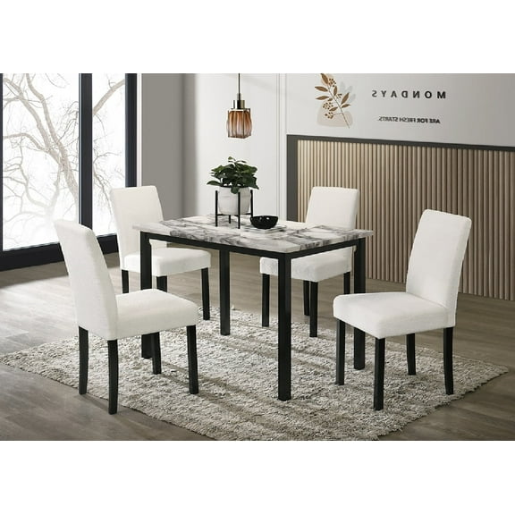 Newboti Furniture White Color Wool Fabric Chairs Faux Marble Top Table 5Pc Dining Set Kitchen Dinette Cushions Upholstered 4X Chairs Dining Room 0088