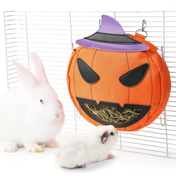 JanYoo Rabbit Hay Feeder Halloween Guinea Pig Accessories Hay Bag Hanging Rack for Small Animal Chinchilla(Pumpkin)
