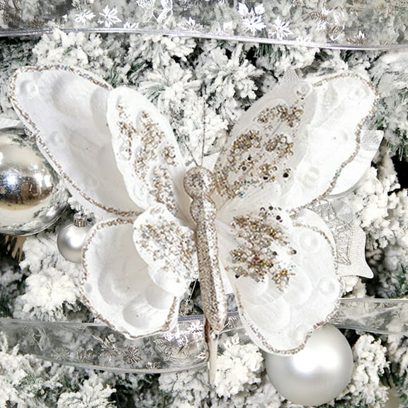 Christmas Tree Ornaments, Christmas Tree Decorations, Artificial Christmas Butterflies with Clip for Christmas Tree Garland Wedding Birthday Party, Glitter Plastic and Fabric Lightweight 23x18cm