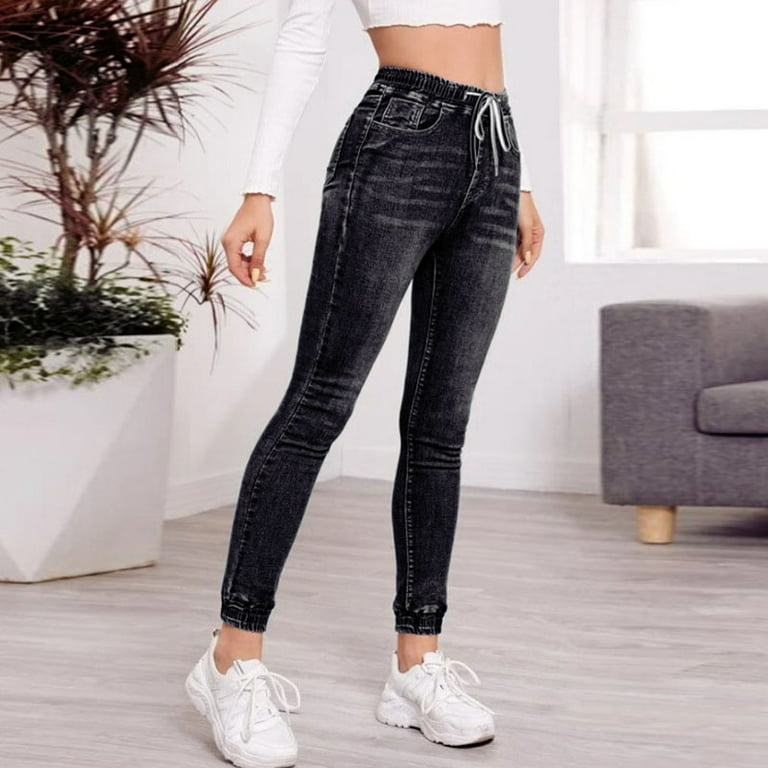 Womens Drawsting Elastic Waist Jeans Stretchy Comfy Jeans Slim Fit Legging  Jeans Pockets Casual Ankle Elastic Denim Pants(XL,Black) 