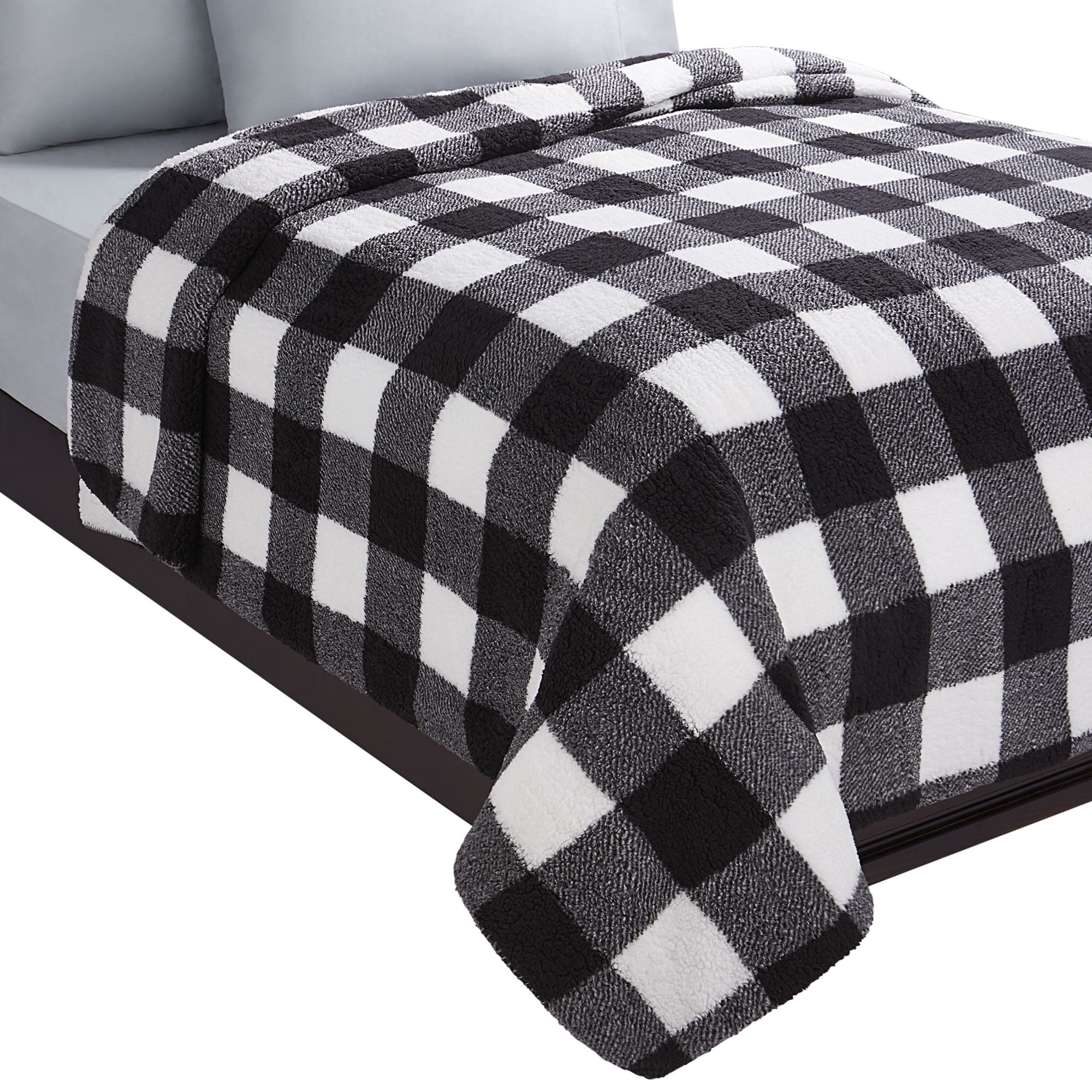HOMETRENDS Black Checker Faux Shearling Blanket, Queen, 20% Recycled Polyester