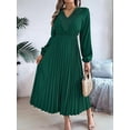thumbnail image 2 of Women Fall Long Sleeve Dress Casual V Neck Pleated A Line Dark Green L, 2 of 5