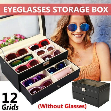 12 Compartments Black Eyeglasses Sunglasses Sun Glass Jewelry Storage Box Case Eyewear Glasses Oversize Display Organizer