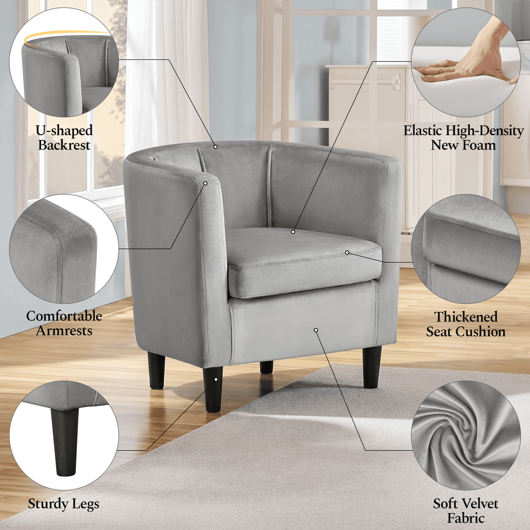 Renwick Upholstered Barrel Shaped Accent Chair with Curved Backrest for Livingroom, Gray Velvet