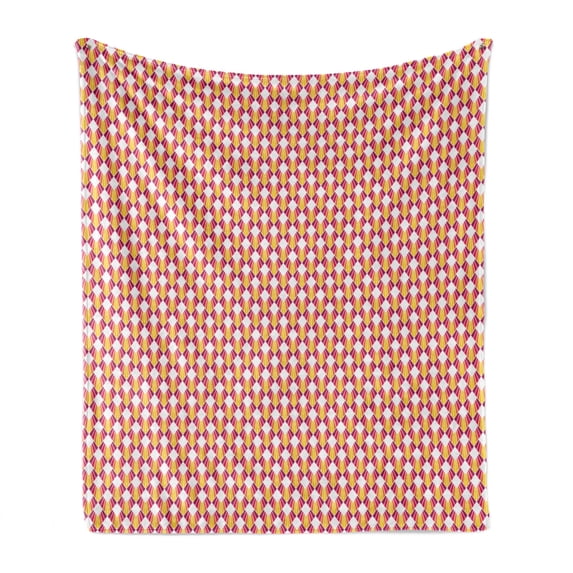 Retro Soft Flannel Fleece Throw Blanket, Geometric Colorful Nostalgic Diamond Shapes with Colorful Streaks, Cozy Plush for Indoor and Outdoor Use, 70" x 90", Mustard Dark Pink and White, by Ambesonne