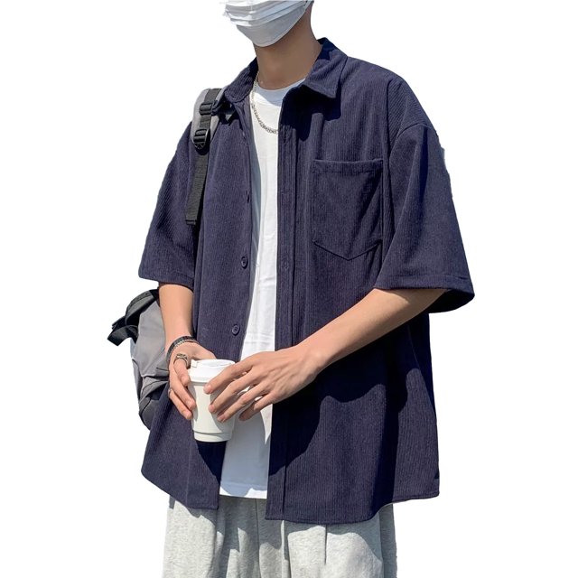 Camisa de manga corta para hombre, camisa de verano, camisa informal con botones, cuello vuelto, Top con bolsillo bordado, azul oscuro L