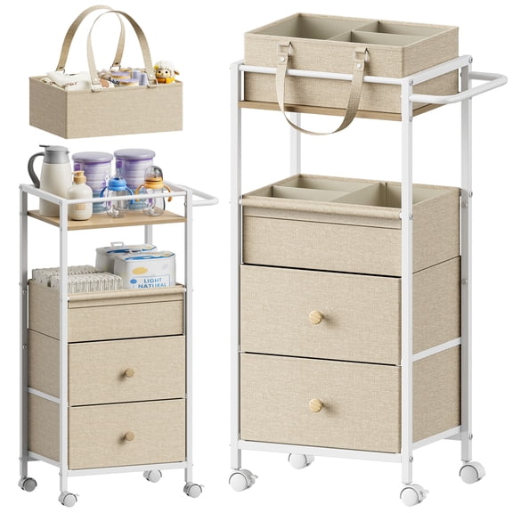 Baby Diaper Caddy Organizer Cart with Drawers - 3In1 Rolling Storage Cart with Wheels, Removable Diaper Caddy, Detachable Dividers - for Crib, Bedroom, Art & Craft Organizer (Off White)