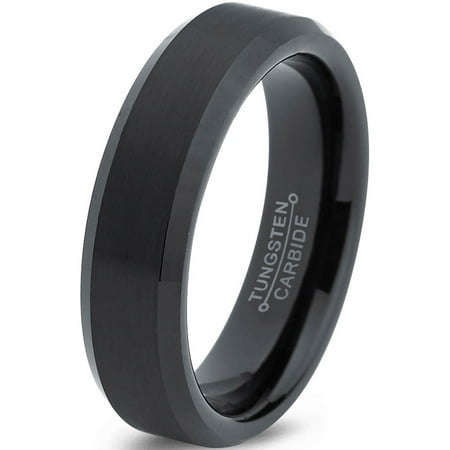 Tungsten Wedding Band Ring 6mm for Men Women Comfort Fit Black  Beveled Edge Brushed Lifetime