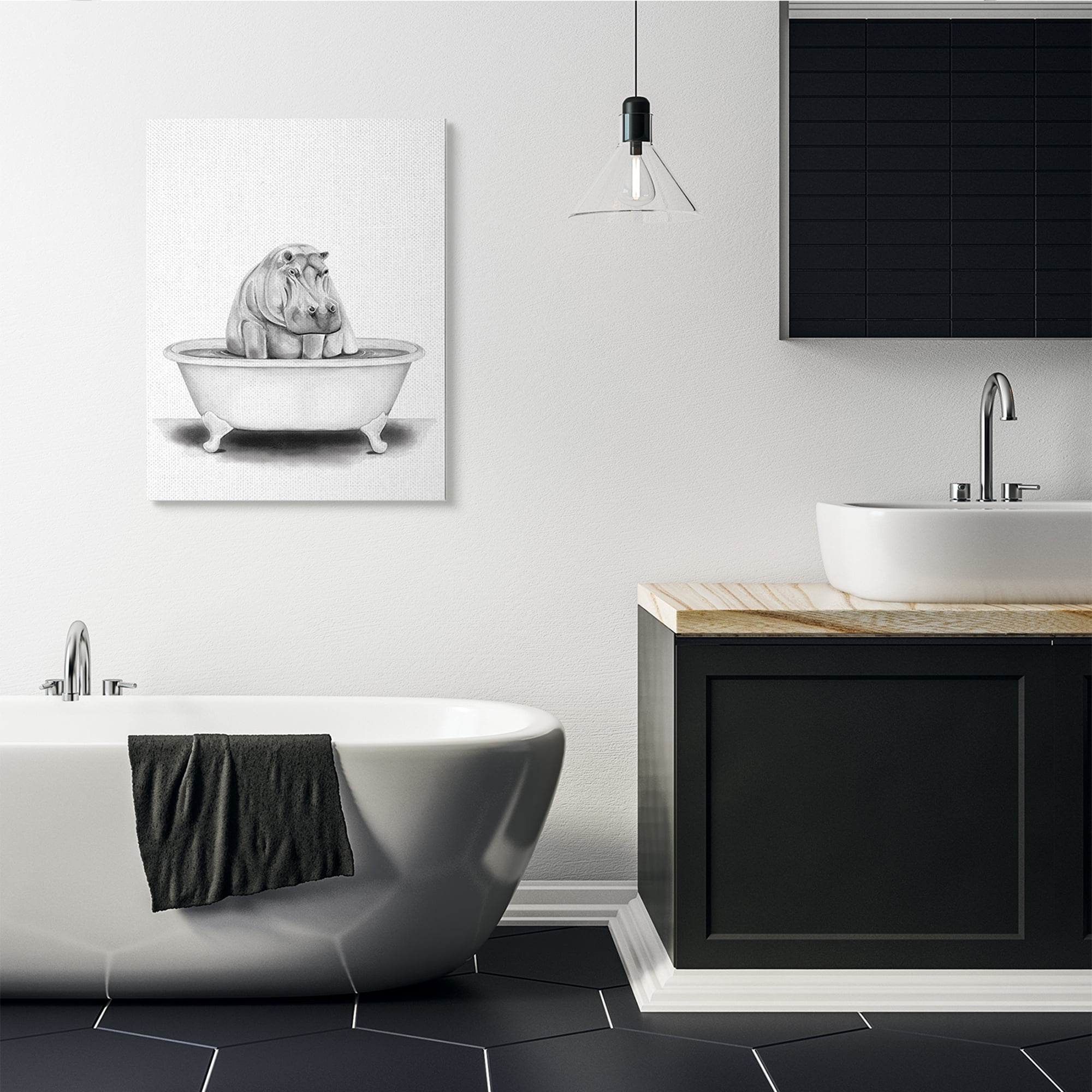 Stupell Industries Hippo In A Tub Funny Animal Bathroom Drawing Canvas Wall Art by Rachel Neiman, 30" x 40"