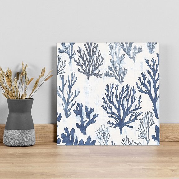 Blue Grey Coral Wall Art Painting on Canvas, Coastal Watercolor Ocean Canvas Art Home Prints Wall Art Framed Modern Artwork for Living Room Bedroom Wall Decor 8x8in