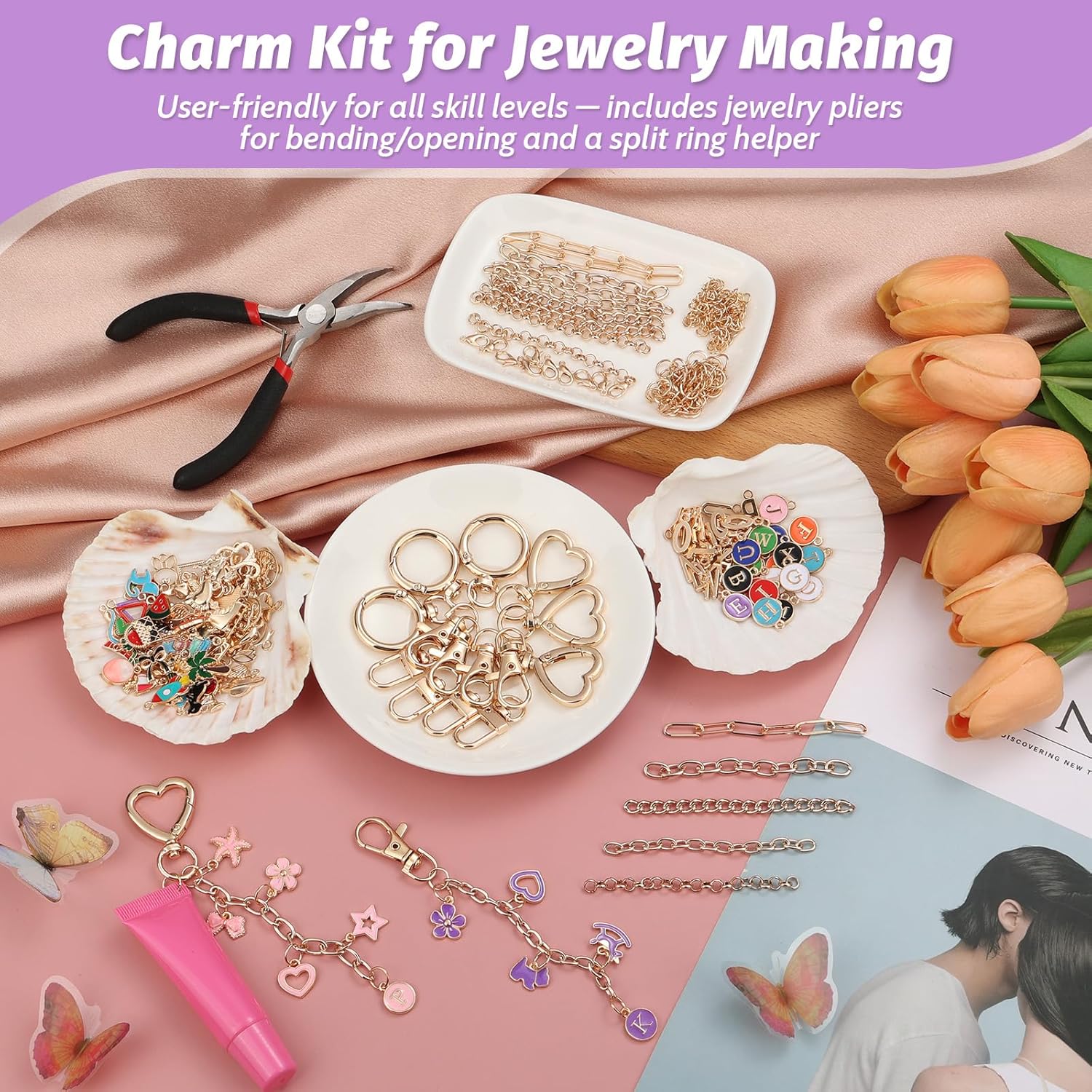 404Pcs Charms Lip Gloss Keychain Making Kit, DIY Craft Supplies with Charms, Key Chain Hooks, Jump Rings, Lobster Clasps, Chains & Tools, Jewelry Making Kit for Custom Keychains, Bags, Gifts