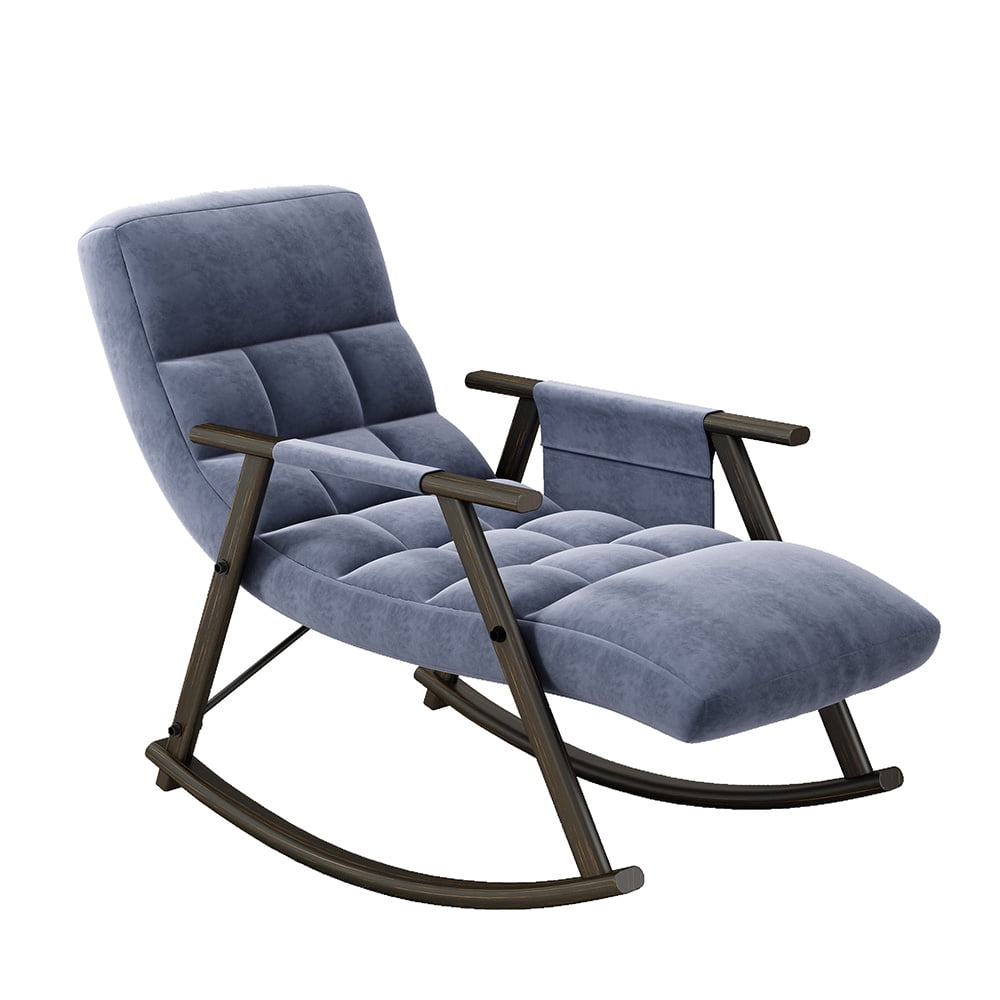 Accent Folding Rocking Recliner Chair with Side Pocket, Upholstered Nursery Glider Chair with 5 Adjustable High Back for Living Room Bedroom Balcony, Blue