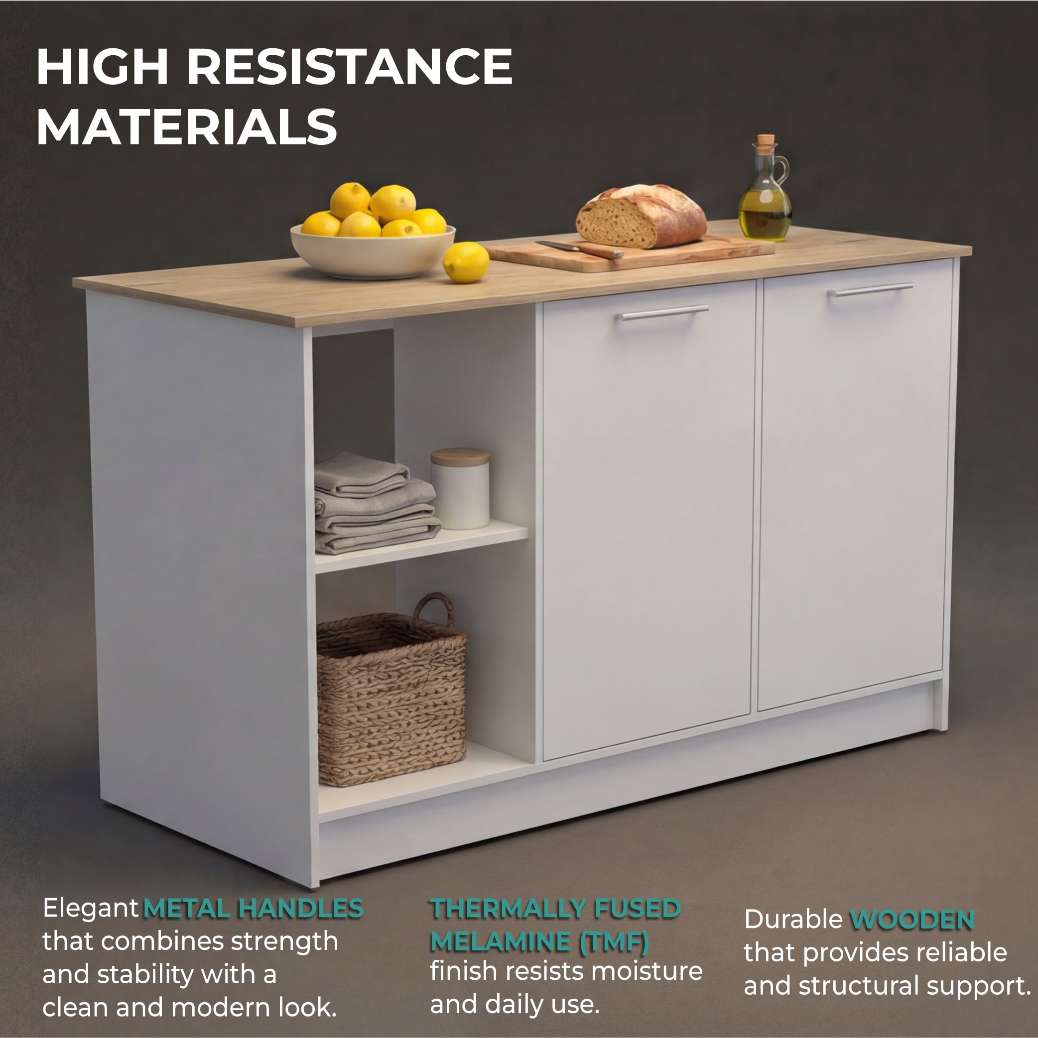 Juniper Kitchen Island with Large Top Surface, Double Door Cabinet, and Open Shelves White / Light Oak