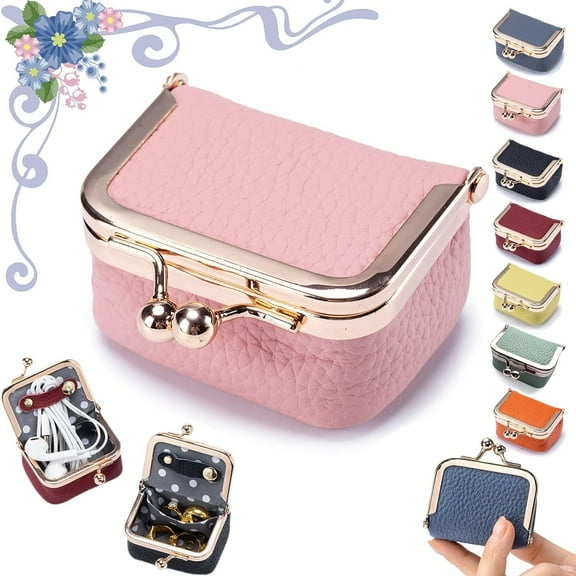 Genuine Leather Mini Jewelry Box, Portable Vintage-Inspired Genuine Leather Coin Purse Jewelry Case with Kiss Lock, Mini Travel Ring Box for Women for Earring/Ring/Necklace/Bracelet(Pink)-small