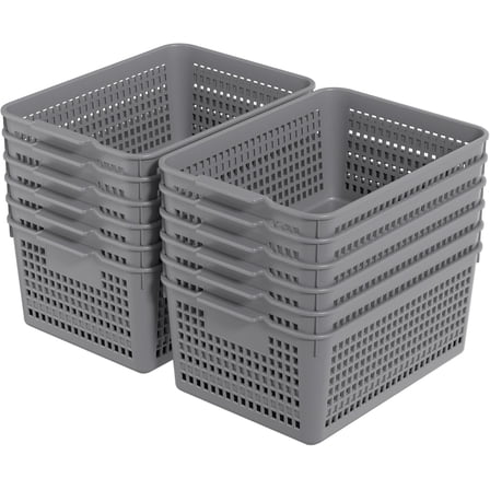 12 Packs Large Plastic Storage Basket, Plastic Baskets for Organizing, Gray