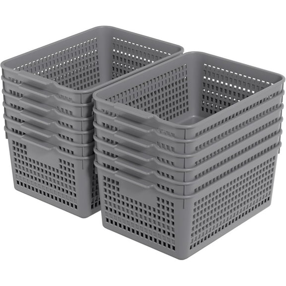 12 Packs Large Plastic Storage Basket, Plastic Baskets for Organizing, Gray