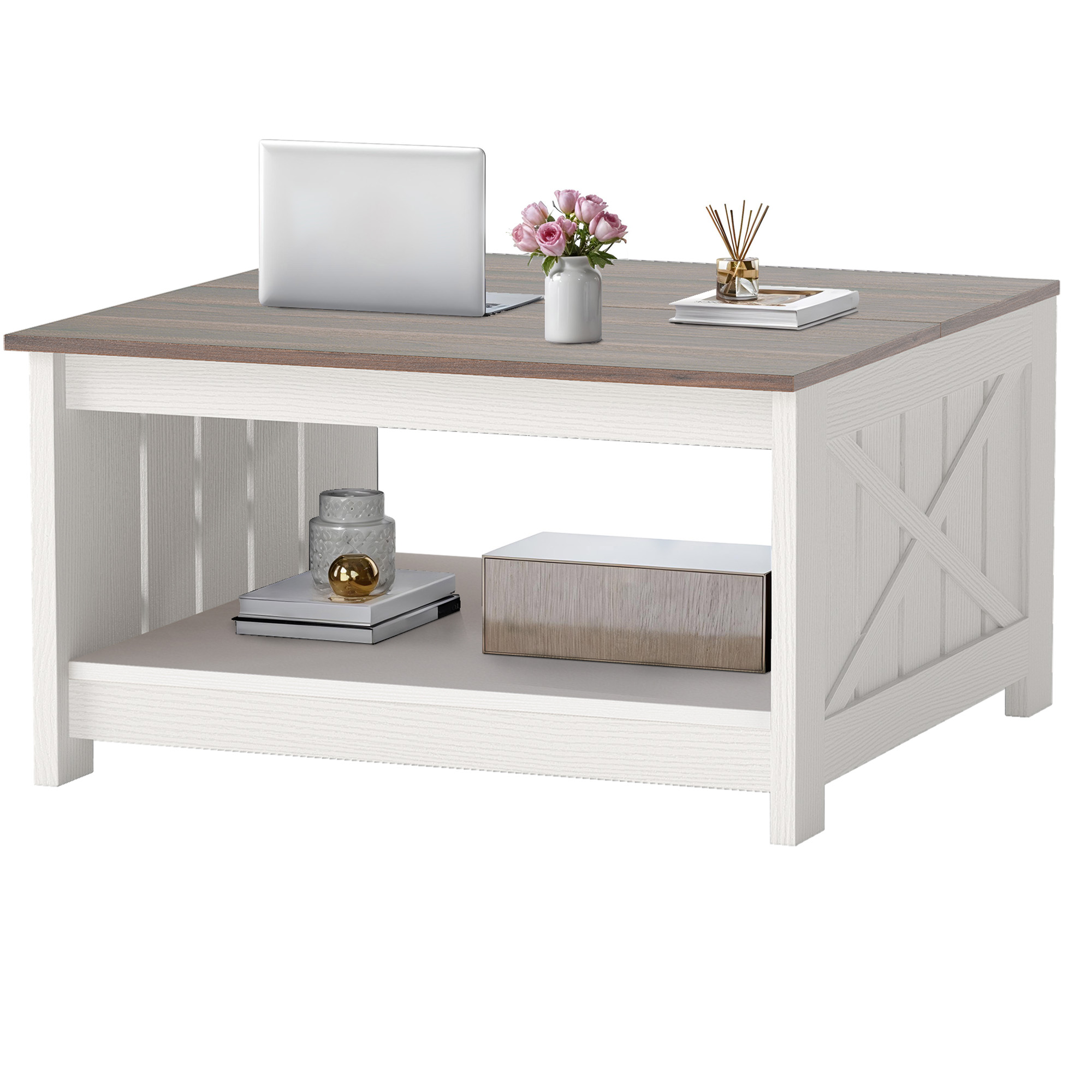 Uforic Coffee Table with Storage Shelf for Living Room, Farmhouse Center Table, White & Walnut