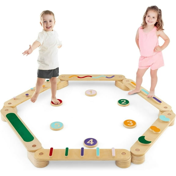 OLAKIDS Wooden Balance Beam Stepping Stones for Kids, Montessori 12 Piece Obstacle Felt Course Gymnastics Toy Furniture for Toddler Playroom Indoor Outdoor, Build Coordination Gross Motor Skills