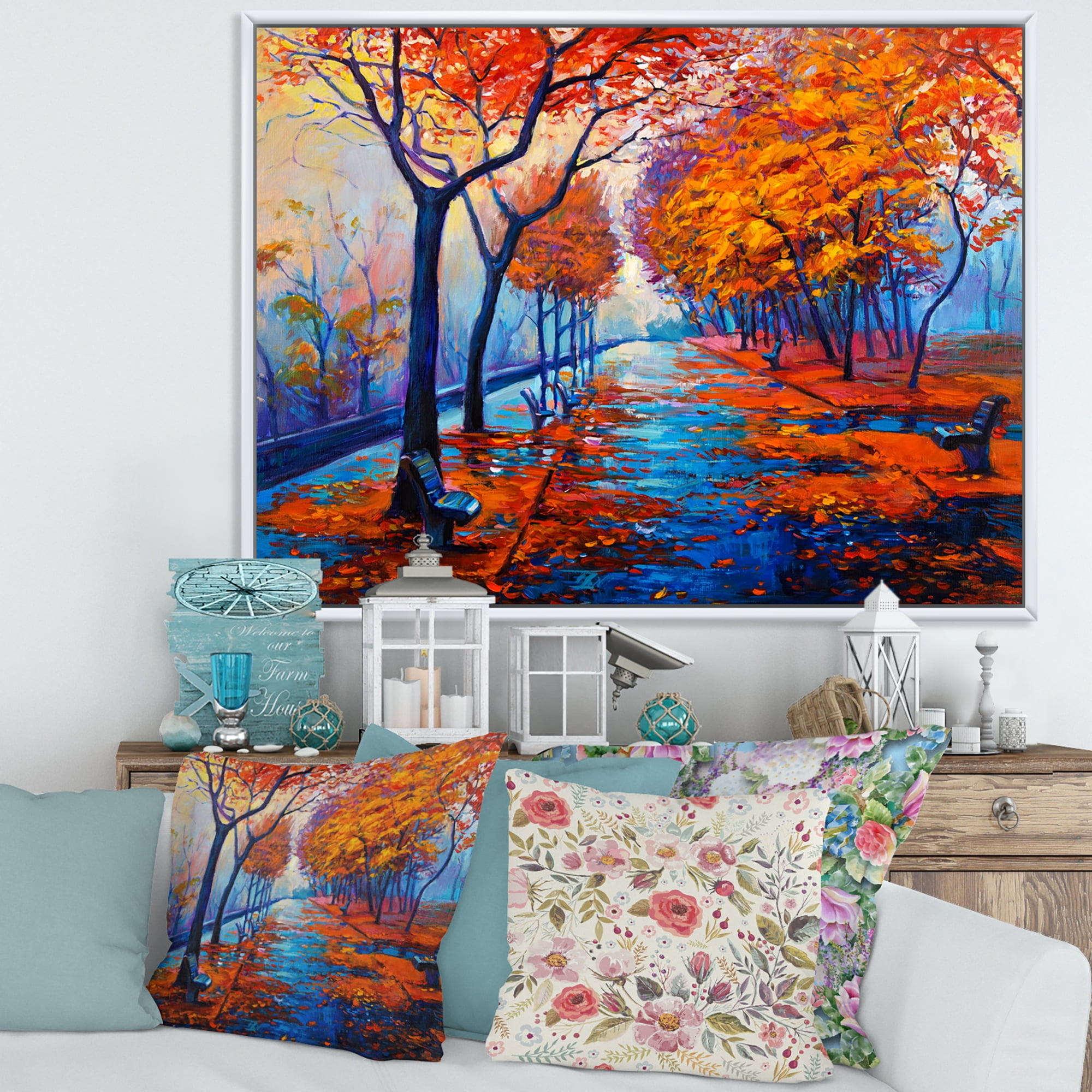 Designart 'Orange Autumn Landscape With Little Road III' Traditional Framed Canvas Wall Art Print