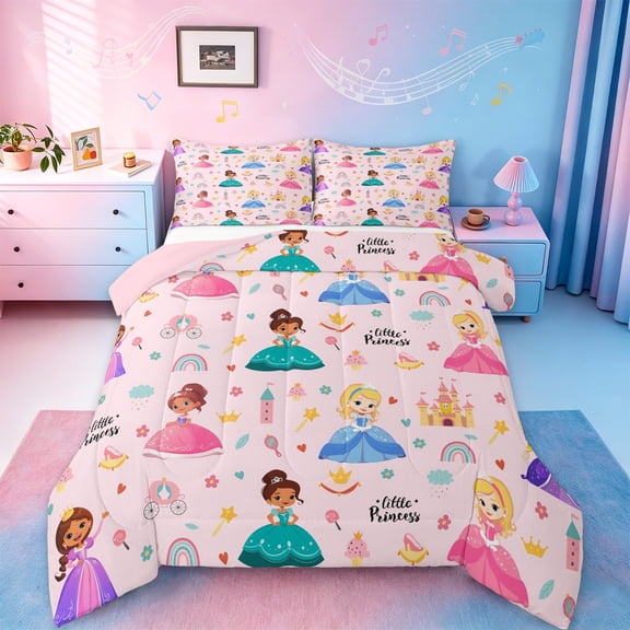 jejeloiu Kawaii Girl Bedding Comforter Set,Magicl Princess Twin Comforter Sets,Rainbow Castle Flowers Bedding Set For Child Girl,Microfiber Bedroom Decor Reversible,3pcs