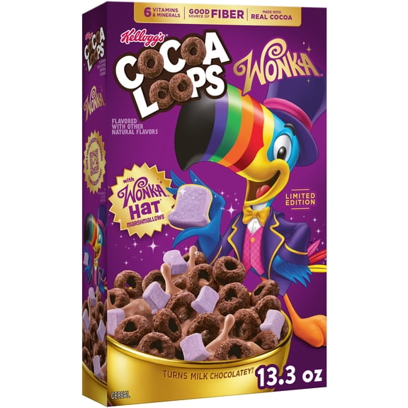 Kellogg's Cocoa Loops Cereal with Wonka Hat Marshmallows, Good Source of Fiber, 13.3oz