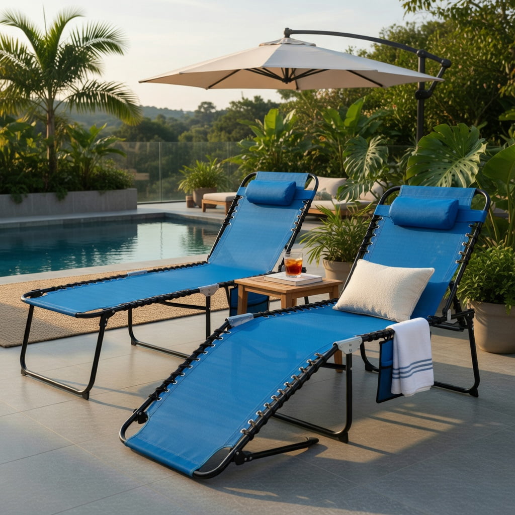 Hommoo Foldable Reclining Lounge Chair with Adjustable Backrest & Footrest, Portable Beach & Camping Chair, Navy
