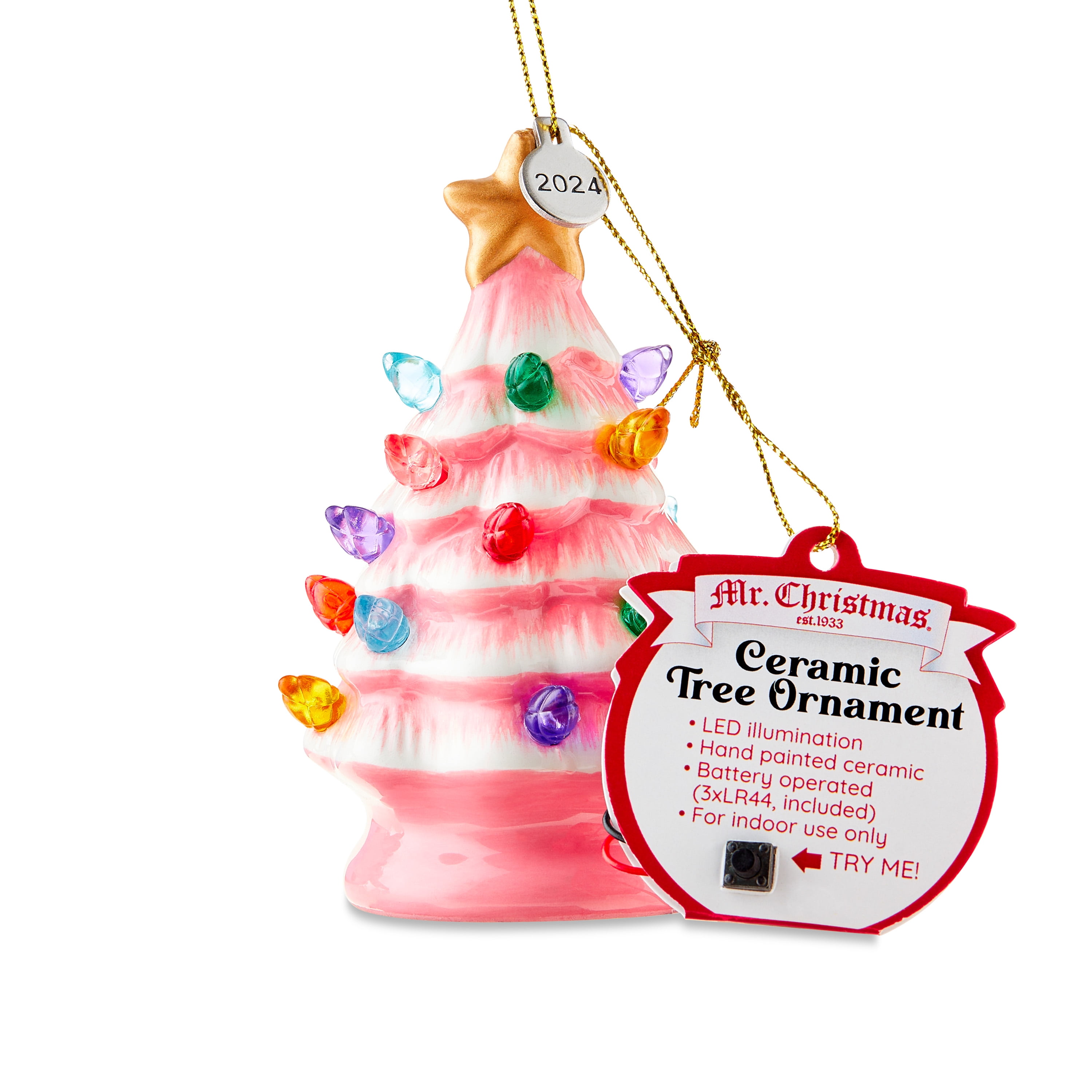 Mr. Christmas 4" Nostalgic Ceramic Lit Tree Ornament Decoration, Pink