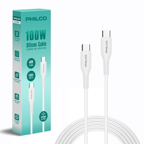 Philco USB C to USB C Cable, Type C Fast Charging Cable, 4FT, 100W Silicone Tangle-Free USBC Cable