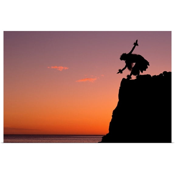 Great BIG Canvas | Rolled Robert Sablan Poster Print entitled Hawaii, Female Hula Dancer Silhouetted On Cliff At Sunset
