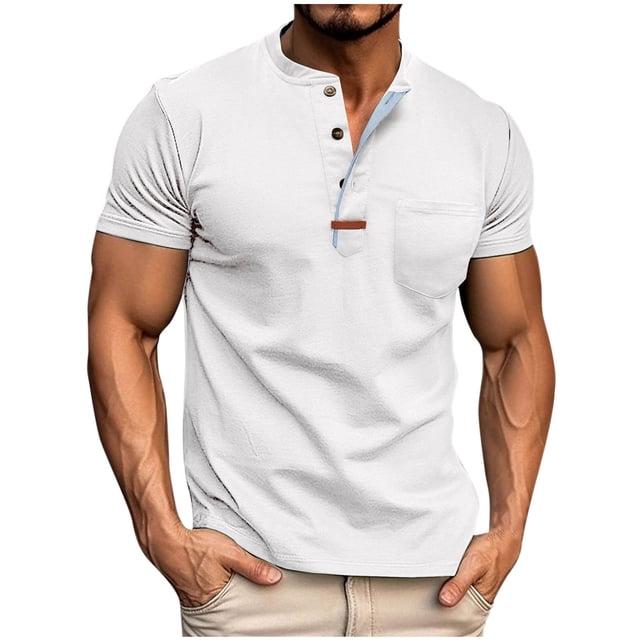 pstuiky camisetas camisas para hombre, Blusa de manga corta con cuello vuelto, bolsillos y botones de color liso para hombre camisas casuales para hombre xxl