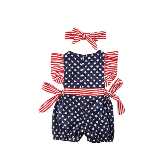Licupiee Infant Baby Girls 4th of July Romper Jumpsuit with Bowknot Bodysuit USA Flag Independence Day Clothes Set