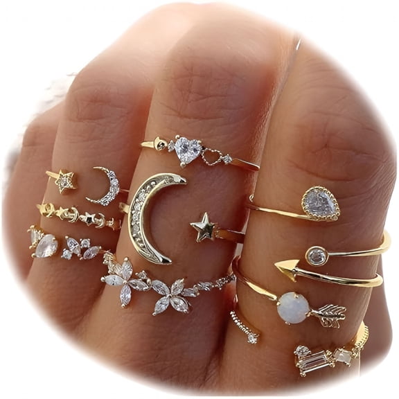 DESIGNICE Boho Retro Stackable Rings Sets for Women Knuckle Joint Finger Ring Sets Moon Stars Stack Preppy Statement Rings Cute Trendy Jewelry