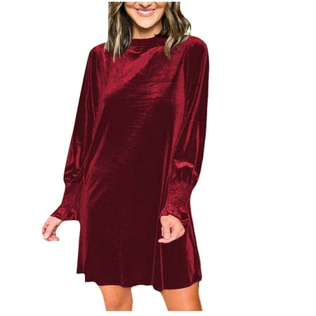 Women s Velvet Cocktail Mini Dresses Fall Winter Mock Neck Long Sleeve A-Line Homecoming Dress Elegant Loose Pleated Party Club Dress