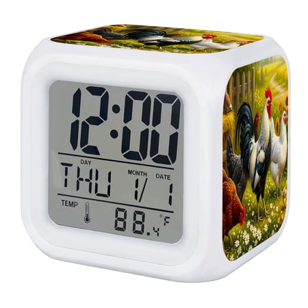 Farmhouse Rooster Digital Alarm Clock for Bedrooms, Smart LED Alarm Clock with 7 Color Changing Night Light, Animals Pastoral Flowers Cottage Silent Wake Up Clocks for Sleep Study Cooking 3.2x3.2