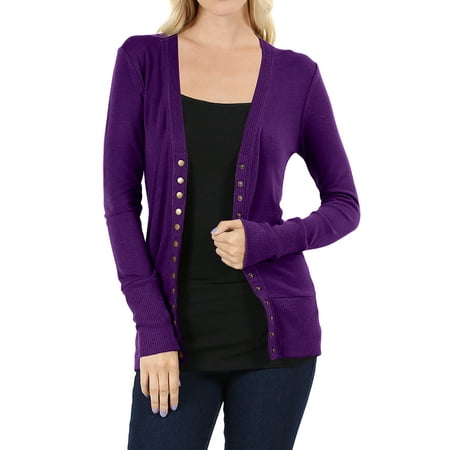 - Women Classic Thin Snap Button Front V-Neck Button Down Long Sleeve Ribbed Knit Cardigan
