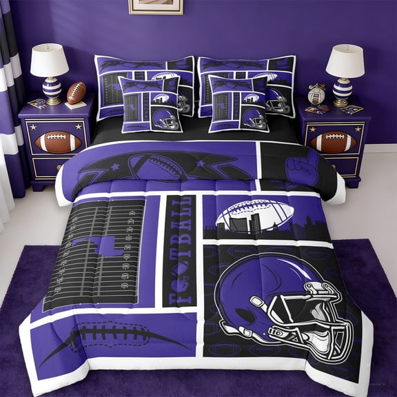 jejeloiu American Rugby Ball 7-Piece Twin Bedding Sets,Purple Football Helmet Bedding Comforter Set For Bots Teens Reversible