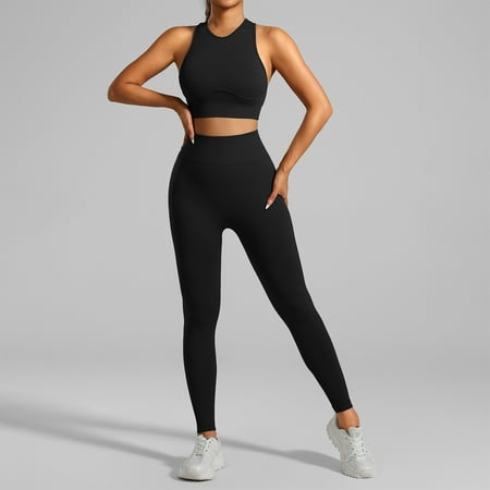 XDDLITP Workout Sets for Women Two Piece Padded Racerback Ribbed Sports Bra Matching High Waist Seamless Leggings Gym Yoga Exercise Outfits Black M