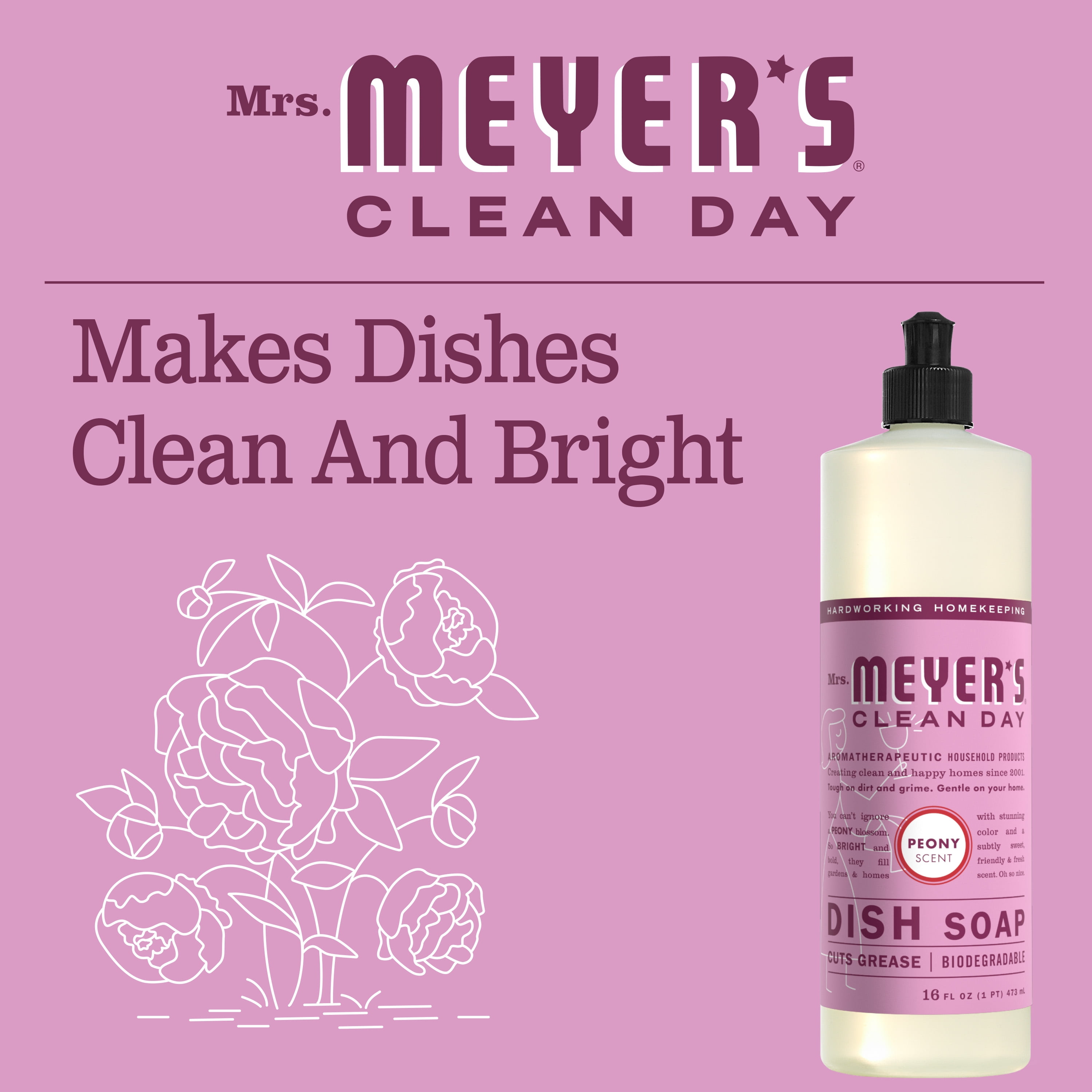 Mrs. Meyer's Liquid Dish Soap Peony, 16 OZ (Pack of 6)