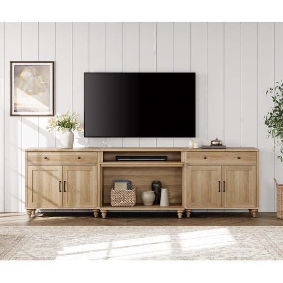 Farmhouse TV Stand For Tvs Up To 100'', Home Entertainment Center With 8 Storages For 75/80/85/90 Inch TV, Oak