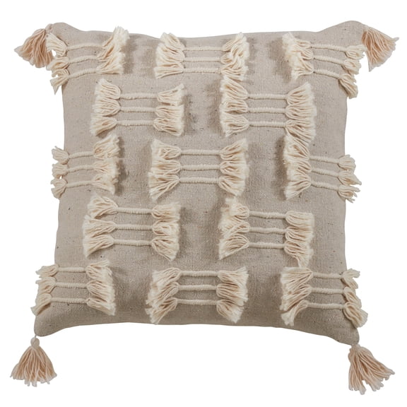 Fennco Styles Trios Ligens Collection Bohemian Cord Appliqué Frayed Tasseled 100% Cotton 22 x 22 Inch Throw Pillow Case – Natural
