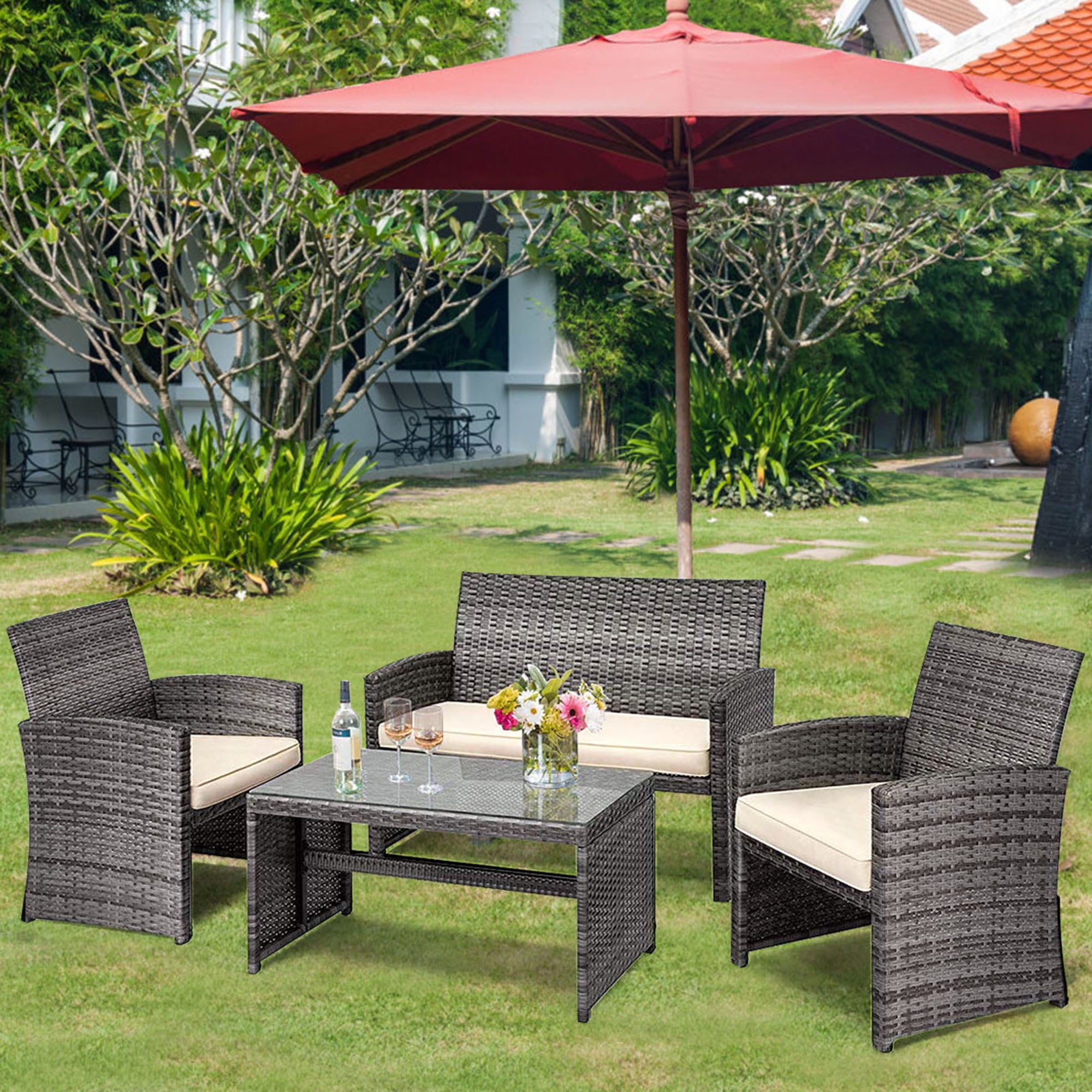 Gymax Fashion 4PCS Patio Outdoor Rattan Furniture Set Chair Loveseat Table Cushioned
