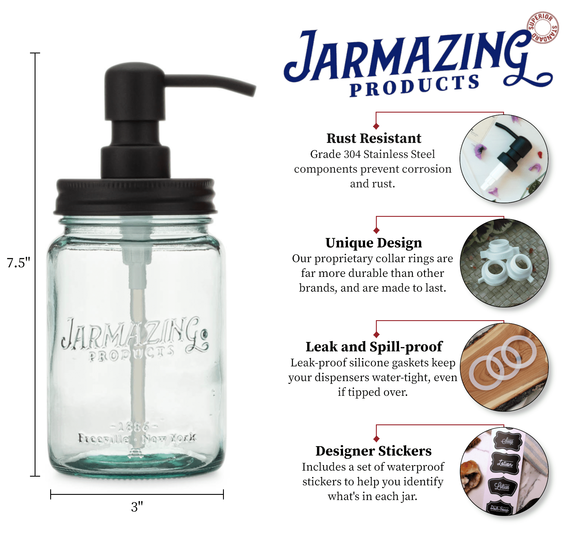 Jarmazing Products Vintage Blue Glass Mason Jar Soap and Lotion Dispenser - Two-Pack - Black
