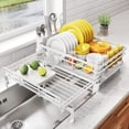 thumbnail image 1 of Escurridor de platos extensible grande para mostrador de cocina colador de platos de acero inoxidable con soporte para utensilios blanco, 1 of 8
